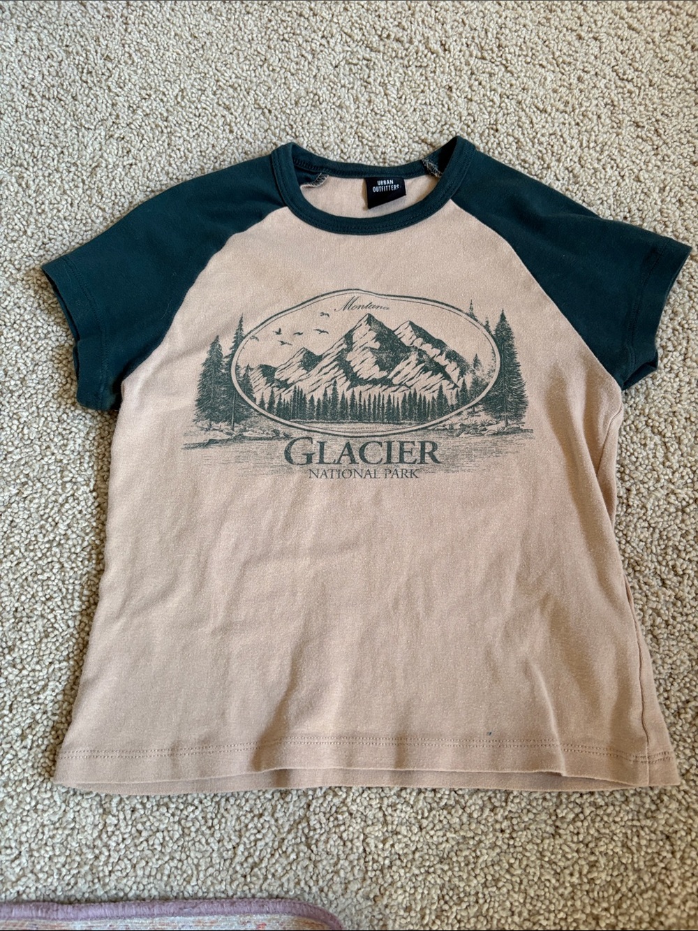 Urban Outfitters Tan Tee with Dark Green Raglan Sleeves